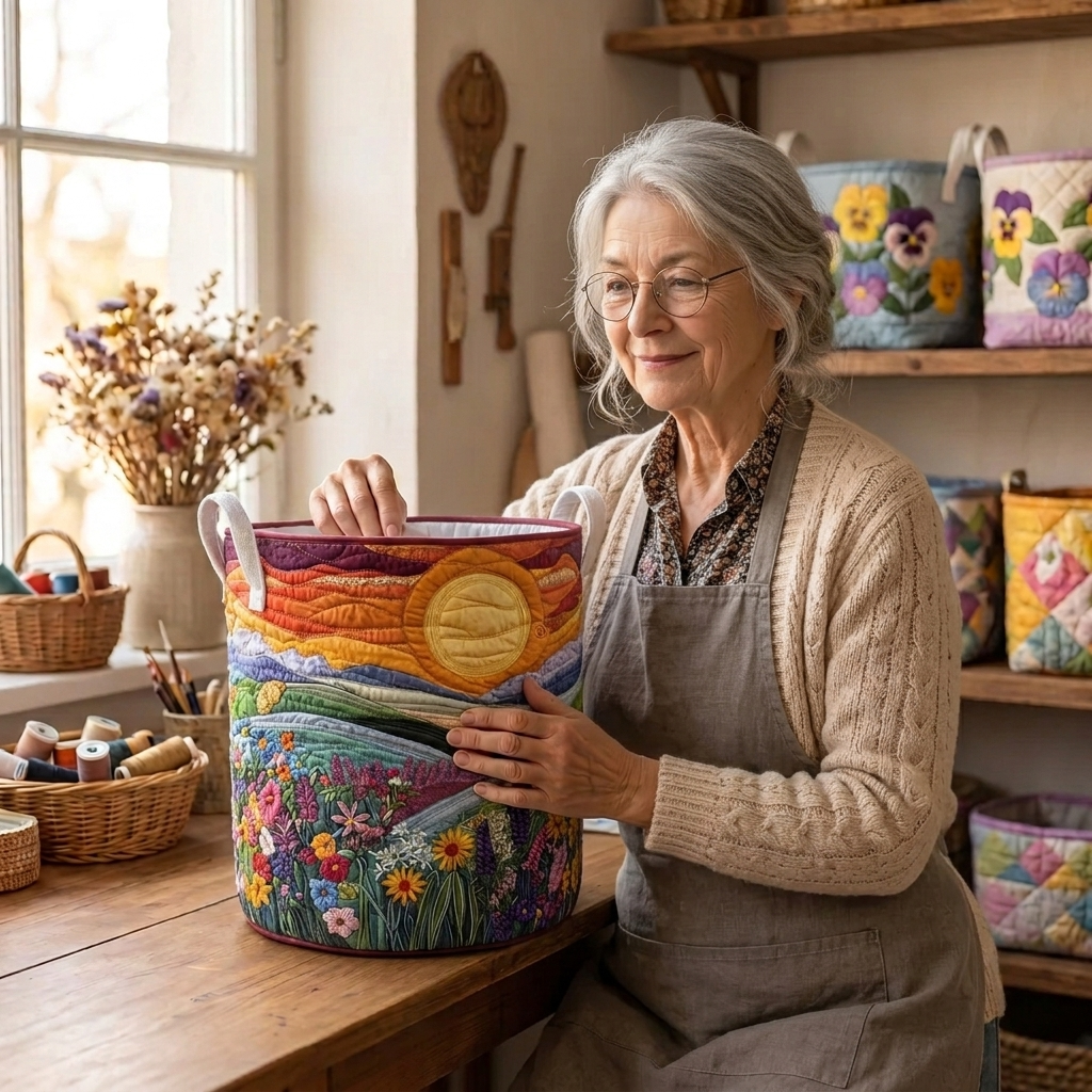 Lien met de gewatteerde wasmand Velden bij zonsondergang in haar naaiatelier