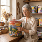 Lien avec le panier à linge matelassé Gloire du matin dans son atelier de couture