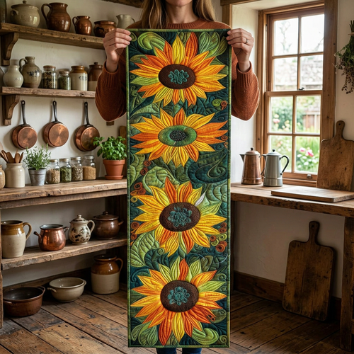 Chemin de table matelassé Jardin Artistique de Tournesols présenté dans une cuisine chaleureuse
