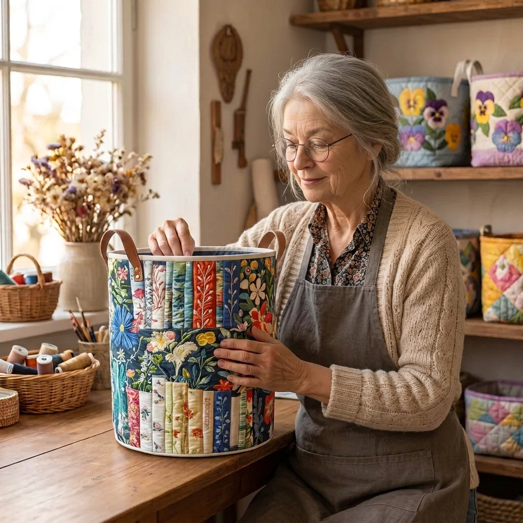 Lien met de gewatteerde wasmand Verhalen in bloei in haar naaiatelier