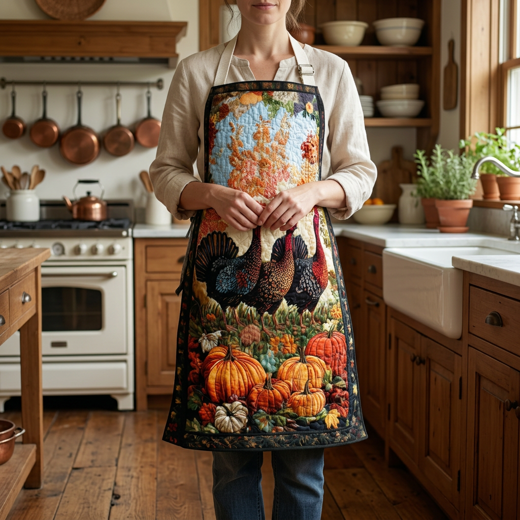 Tablier de cuisine matelassé Fête des Récoltes en Forêt porté dans la cuisine