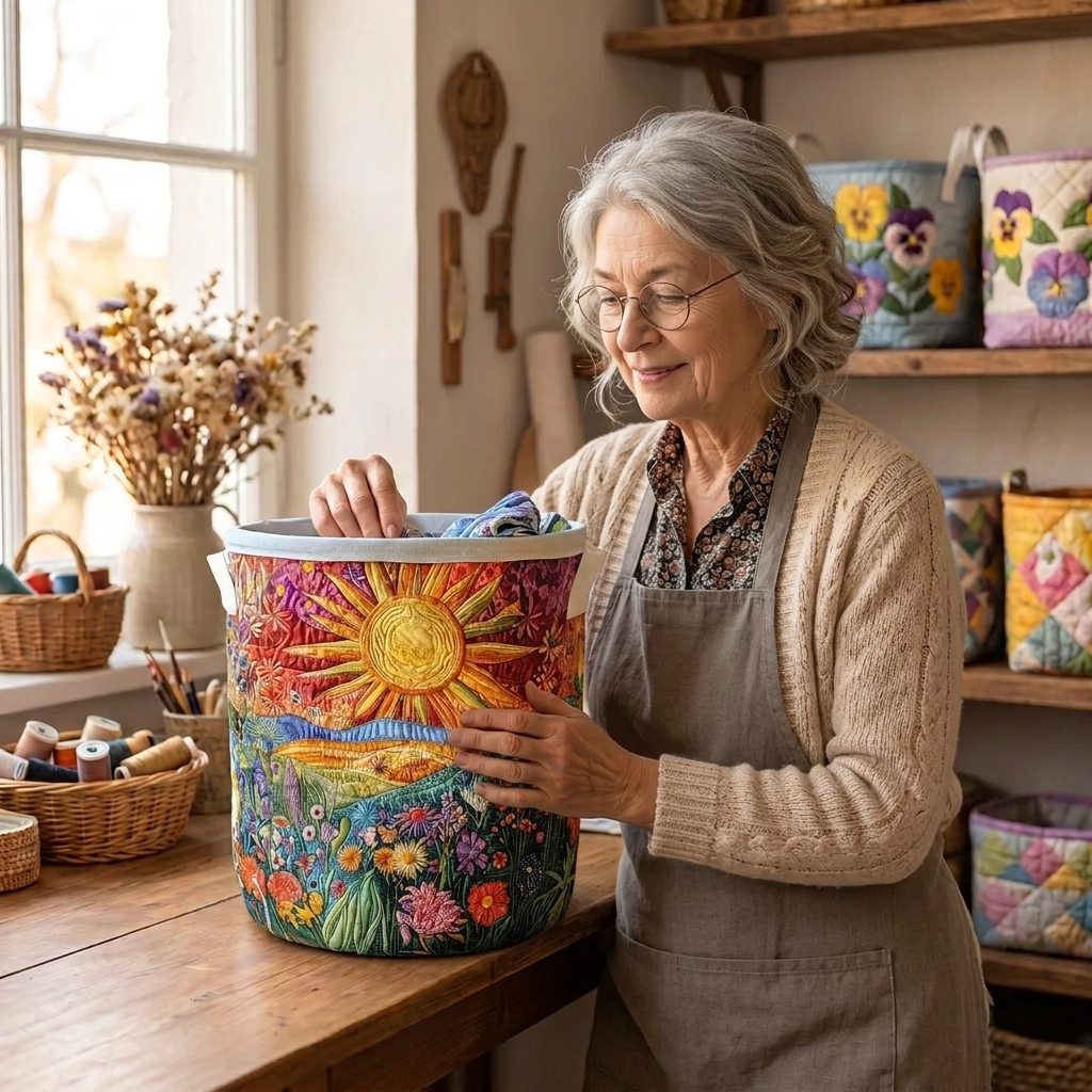 Lien met de gewatteerde wasmand Stralende horizon in haar naaiatelier