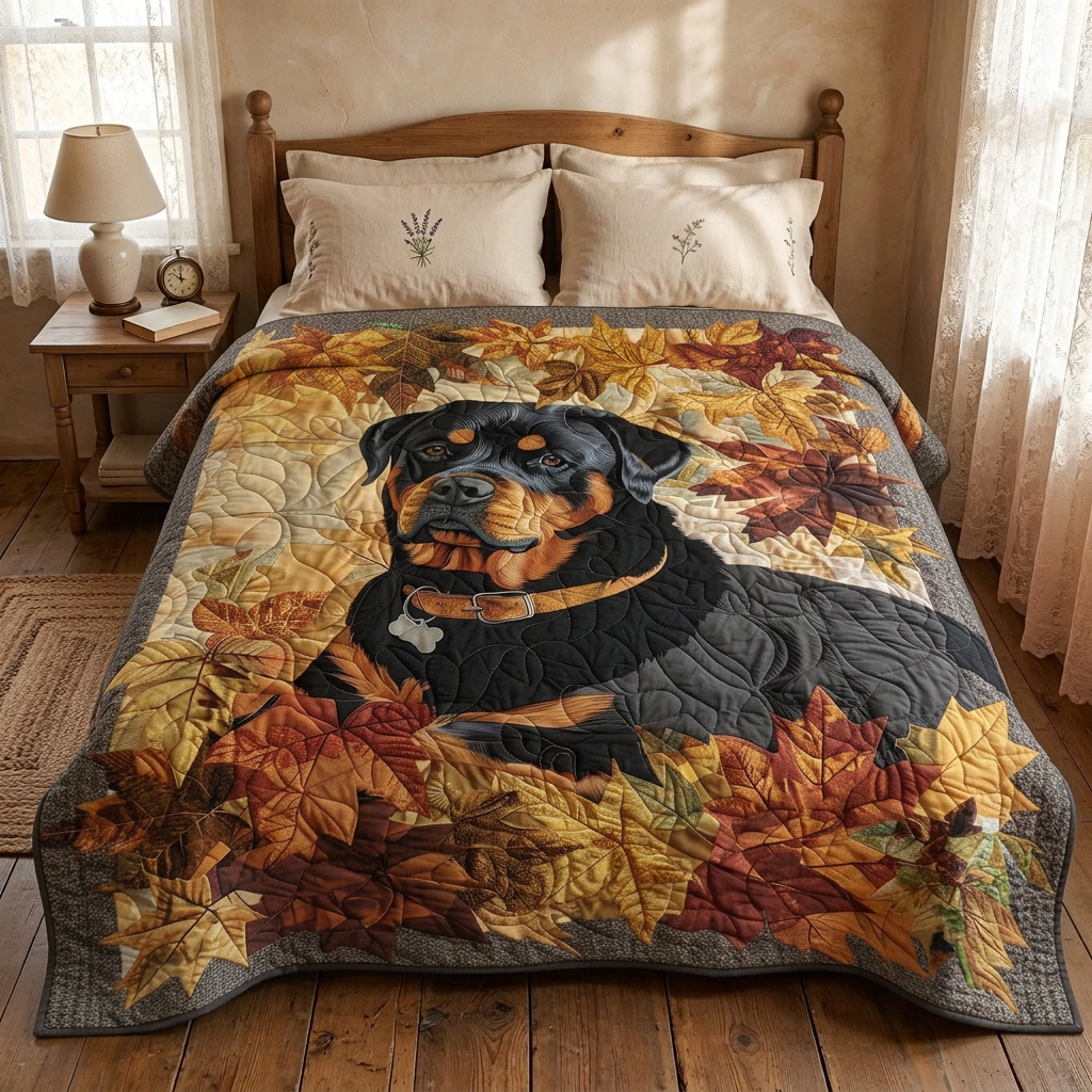 Gewatteerde bedsprei Herfstige Rottweiler op een bed in een gezellige slaapkamer
