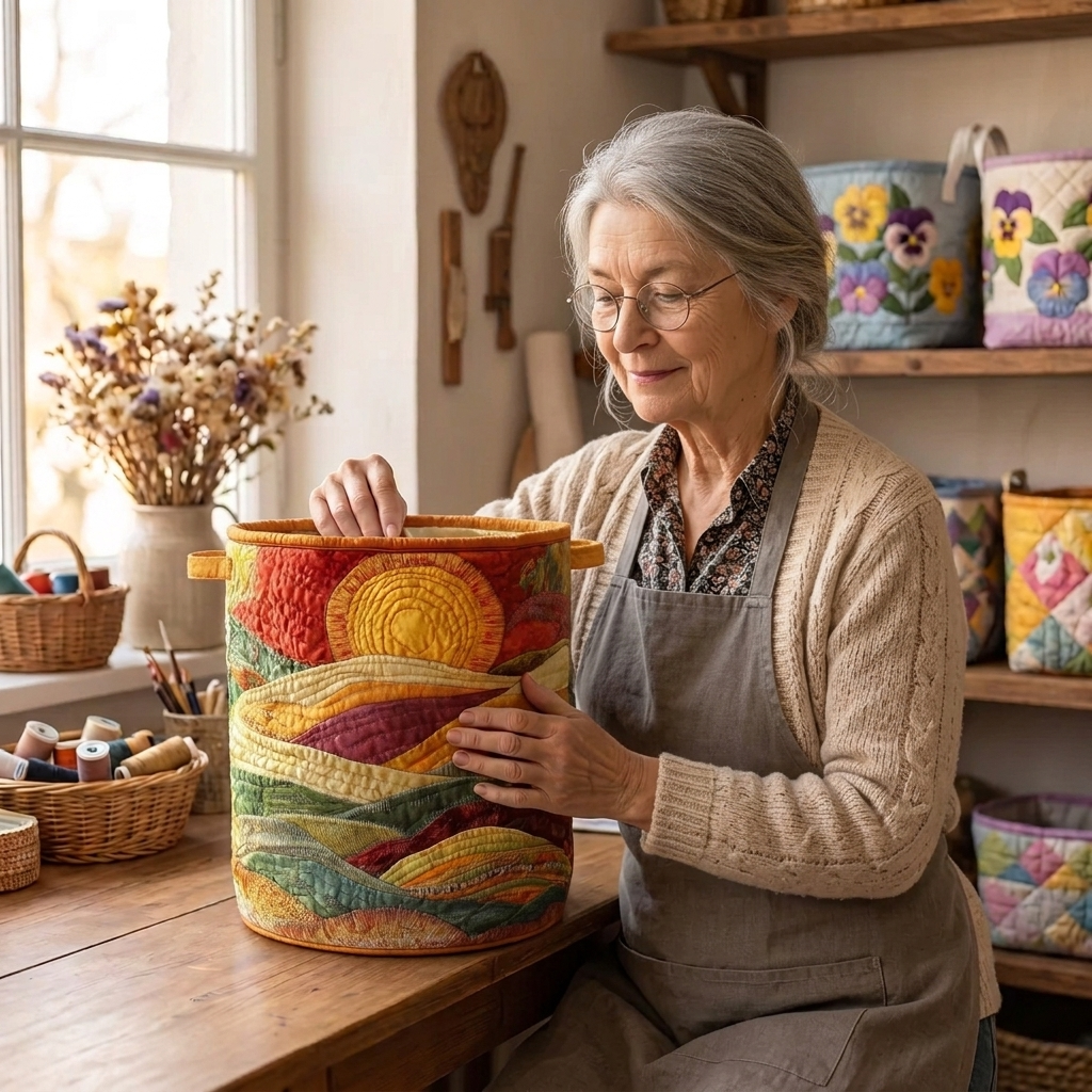Lien met de gewatteerde wasmand Zonnegloed in haar naaiatelier