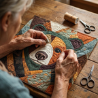 Close-up van handen die het motief Berensporen quilten