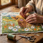 Gros plan de mains qui matelassent le motif Highlands en fleurs