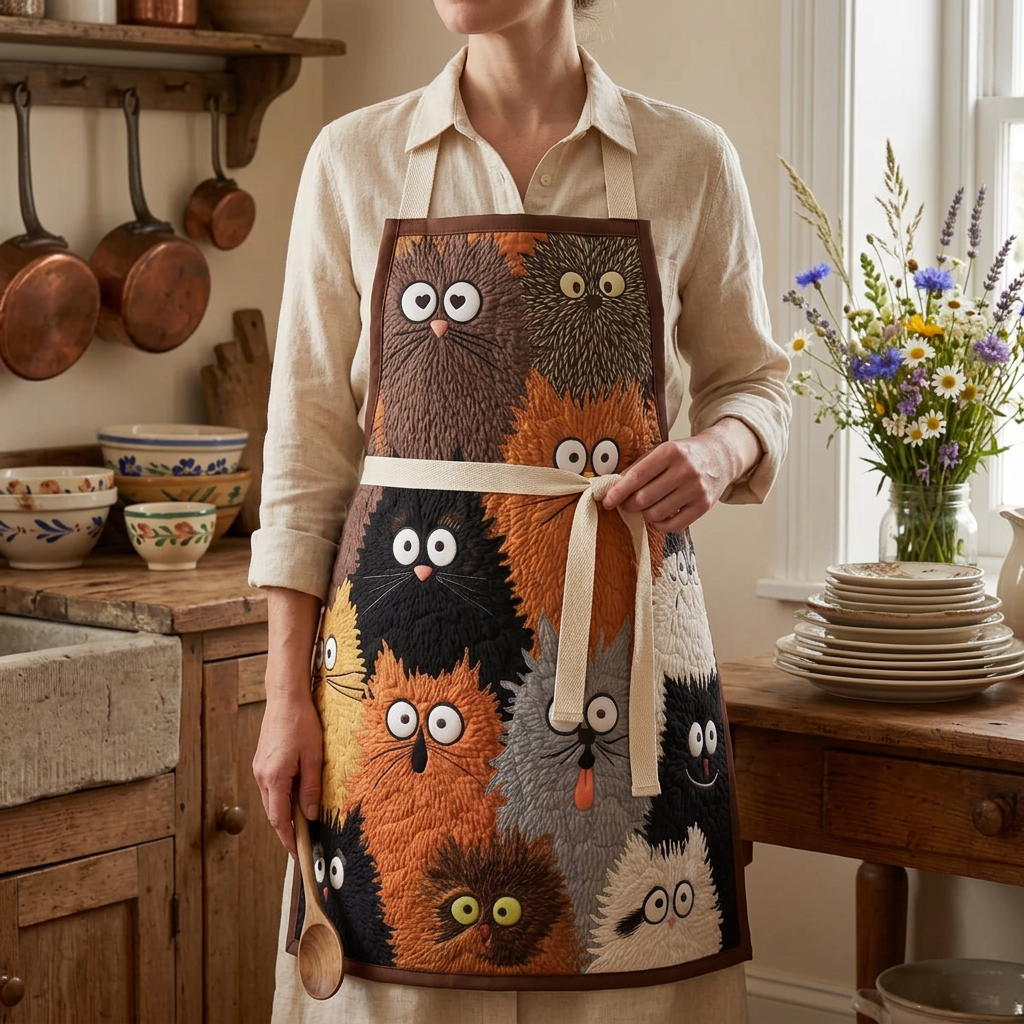 Tablier de cuisine matelassé Chatons Curieux porté dans la cuisine