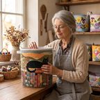 Lien met de gewatteerde wasmand Knusse kat in haar naaiatelier