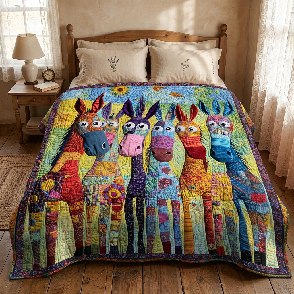 Couvre-lit matelassé Ânes joyeux sur un lit dans une chambre douillette