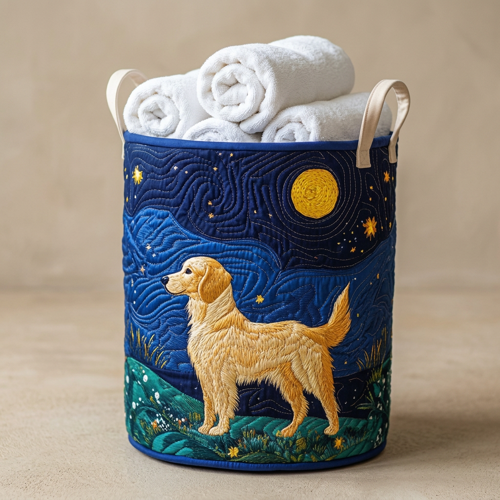 Gewatteerde wasmand Gouden hond gevuld met opgerolde witte handdoeken