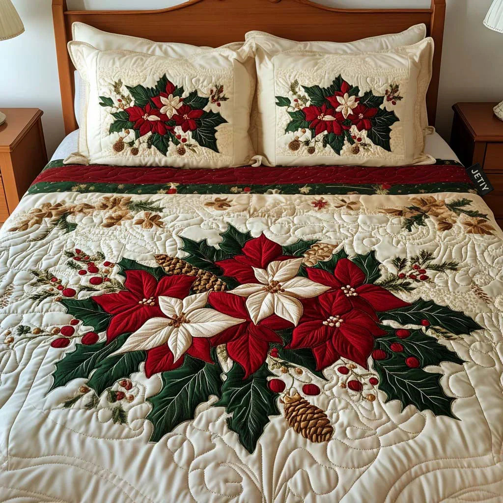 Parure de lit matelassée Charme de poinsettias – housse de couette et 2 taies d'oreiller