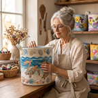 Lien met de gewatteerde wasmand Rustig en sereen in haar naaiatelier