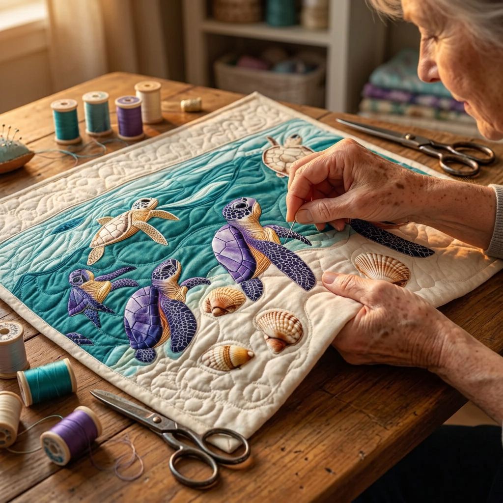 Close-up van handen die het motief Geest van de zee quilten
