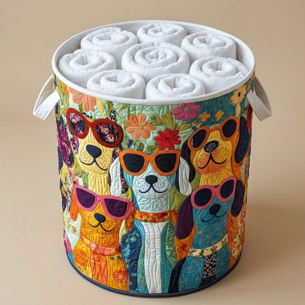 Gewatteerde wasmand Vrolijke honden gevuld met opgerolde witte handdoeken