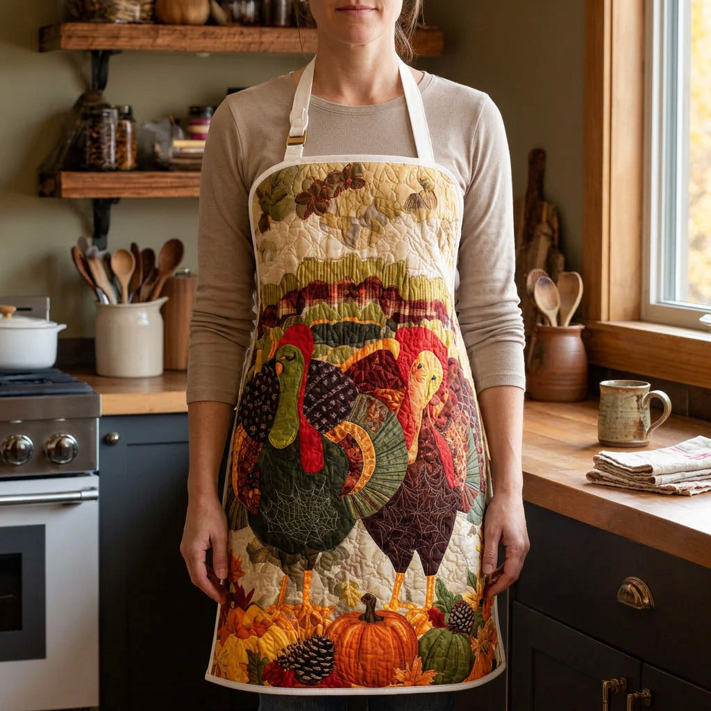 Gewatteerd keukenschort Dankbaar Oogstveldje gedragen in de keuken