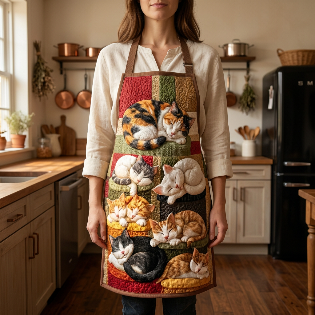Gewatteerd keukenschort Kattenkruidhuisje gedragen in de keuken