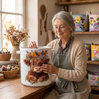 Lien avec le panier à linge matelassé Petit veau douillet dans son atelier de couture
