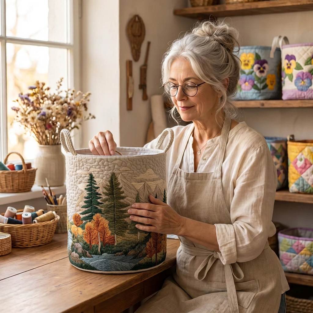 Lien met de gewatteerde wasmand Bergzicht in haar naaiatelier