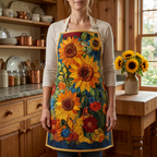 Gewatteerd keukenschort Gouden Oogstbloemen gedragen in de keuken