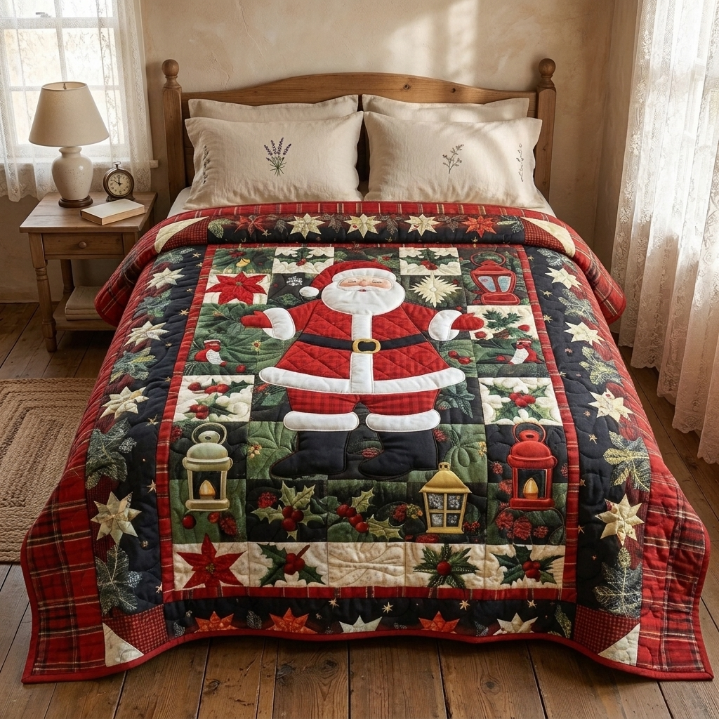 Couvre-lit matelassé Atelier du Père Noël sur un lit dans une chambre douillette