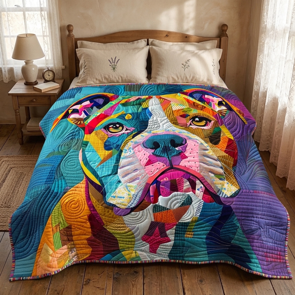 Couvre-lit matelassé Chiot multicolore sur un lit dans une chambre douillette