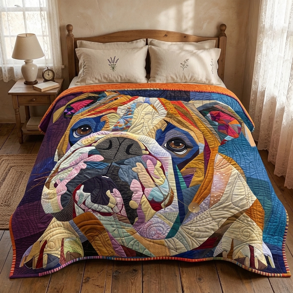 Gewatteerde bedsprei Knusse Bulldog op een bed in een gezellige slaapkamer