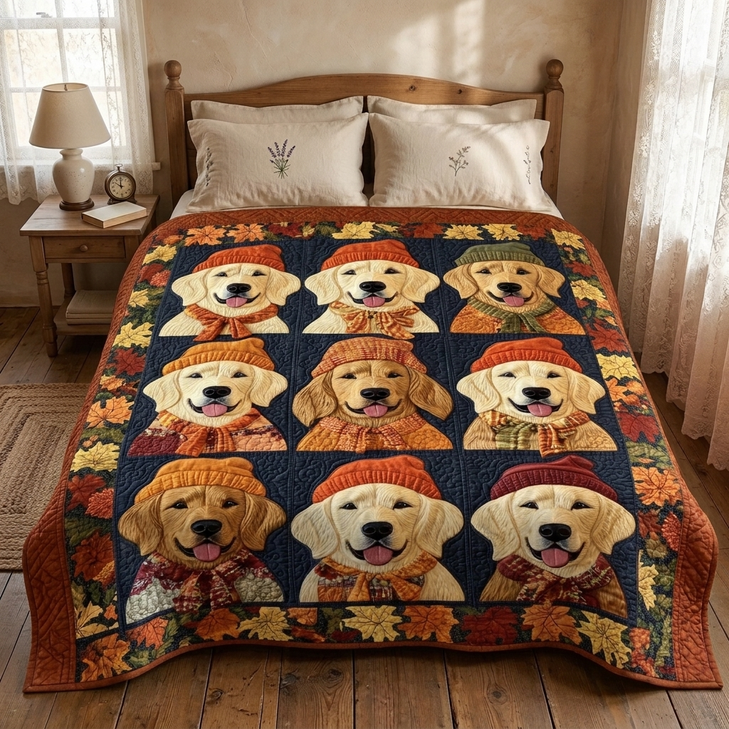Gewatteerde bedsprei Herfstige Retrievers op een bed in een gezellige slaapkamer