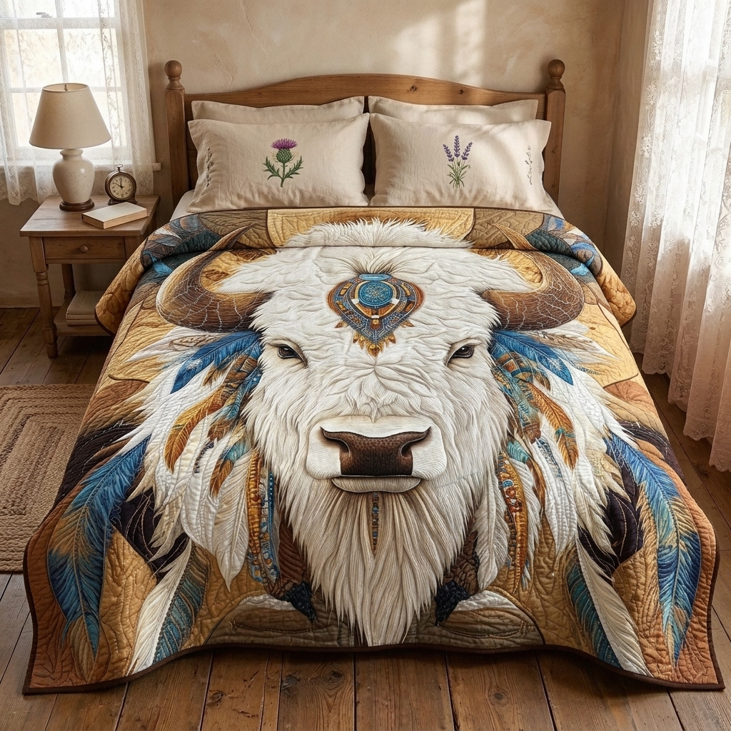 Gewatteerde bedsprei Witte Bizon op een bed in een gezellige slaapkamer