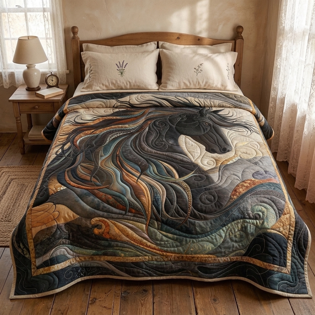 Gewatteerde bedsprei Dynamisch Paard op een bed in een gezellige slaapkamer