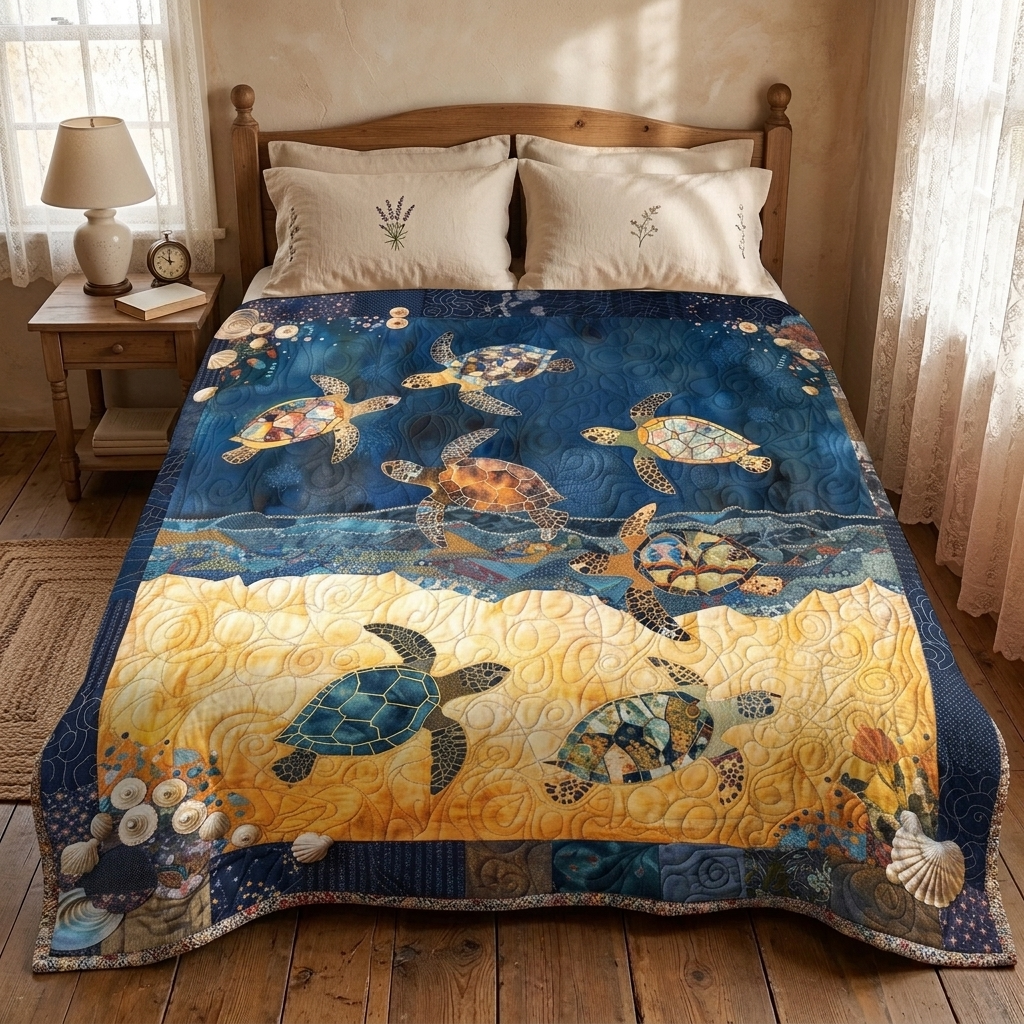 Gewatteerde bedsprei Zeeschildpadden op een bed in een gezellige slaapkamer
