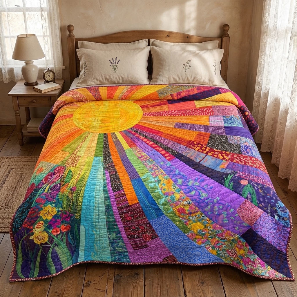 Couvre-lit matelassé Soleil radieux sur un lit dans une chambre douillette
