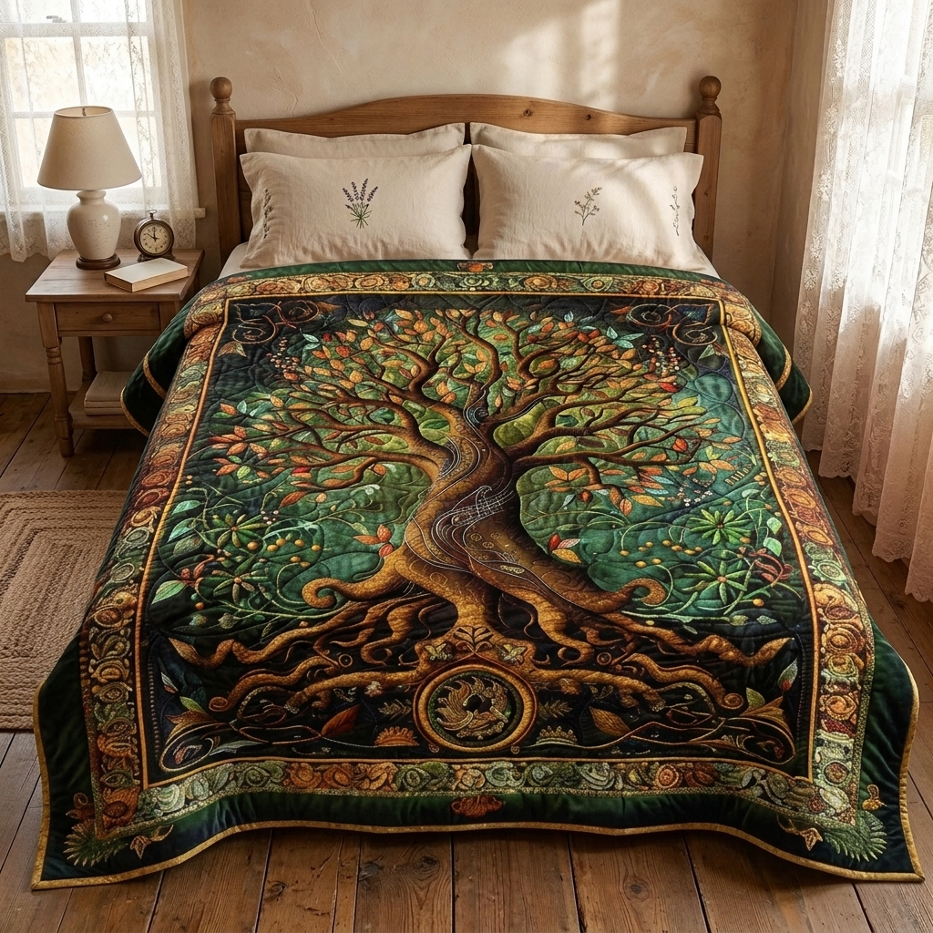 Couvre-lit matelassé Arbre de vie celtique sur un lit dans une chambre douillette