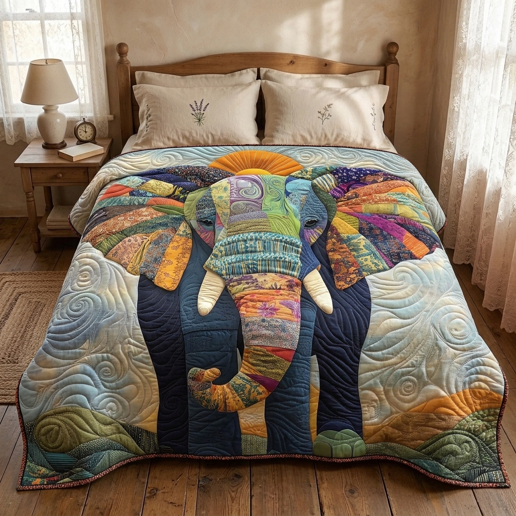 Couvre-lit matelassé Éléphant multicolore sur un lit dans une chambre douillette