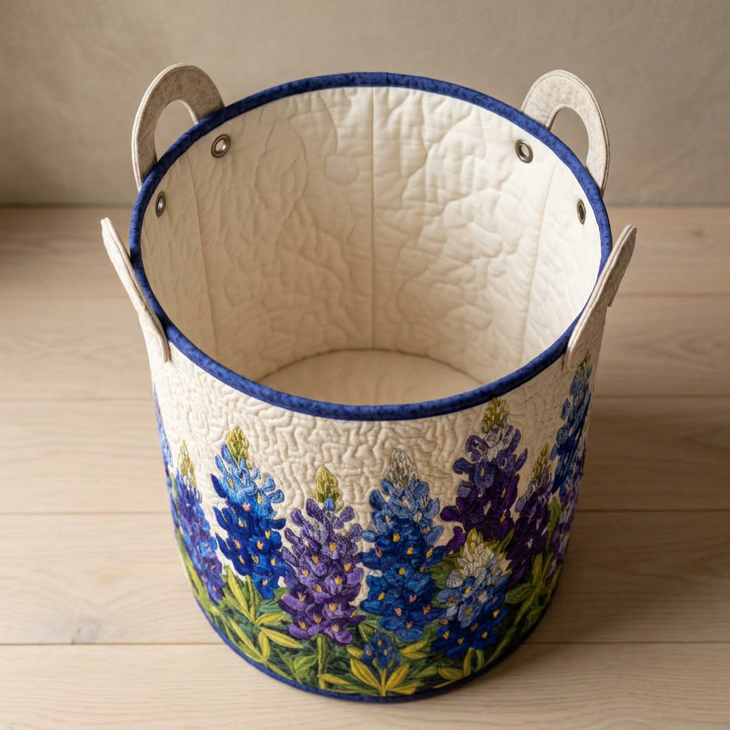 Panier à linge matelassé Rêve de lupins bleus, vide, avec sa doublure matelassée crème