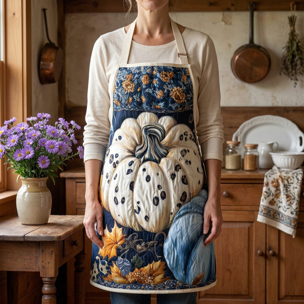 Tablier de cuisine matelassé Bouquet d'Automne porté dans la cuisine