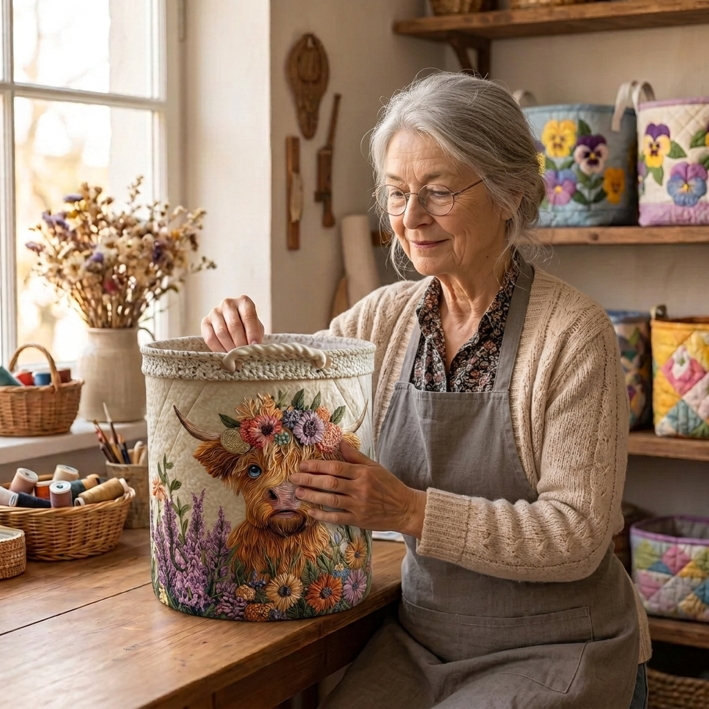 Lien met de gewatteerde wasmand Bloemrijke Highlands in haar naaiatelier