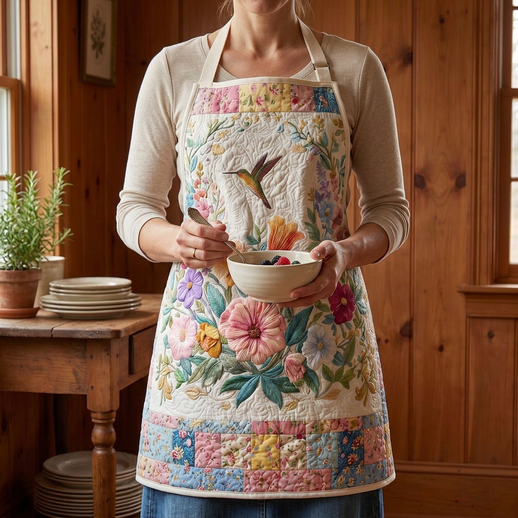 Tablier de cuisine matelassé Prairie de Fleurs Sauvages porté dans la cuisine