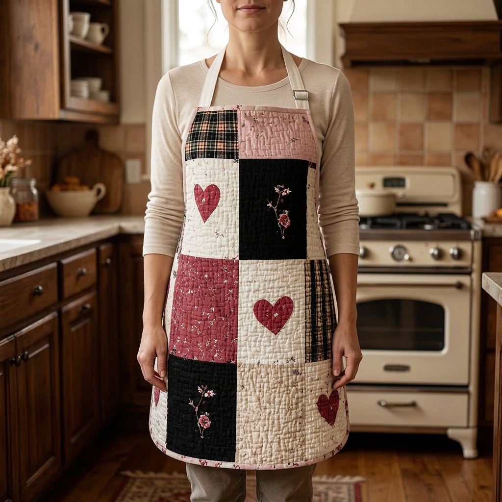 Tablier de cuisine matelassé Tendresse en Patchwork porté dans la cuisine