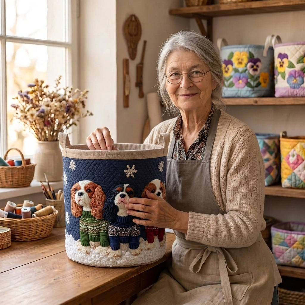 Lien met de gewatteerde wasmand King Charles in trui in haar naaiatelier