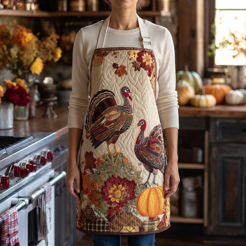 Tablier de cuisine matelassé L'Heure du Dindon porté dans la cuisine