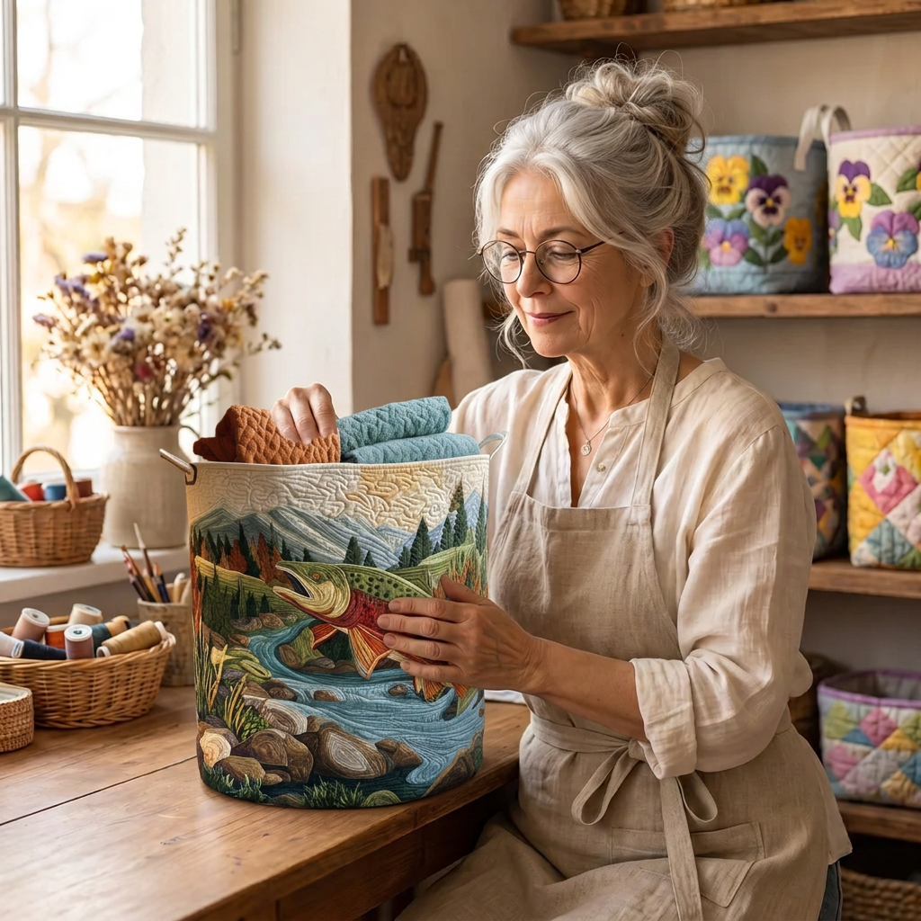 Lien met de gewatteerde wasmand Stille bergbeek in haar naaiatelier