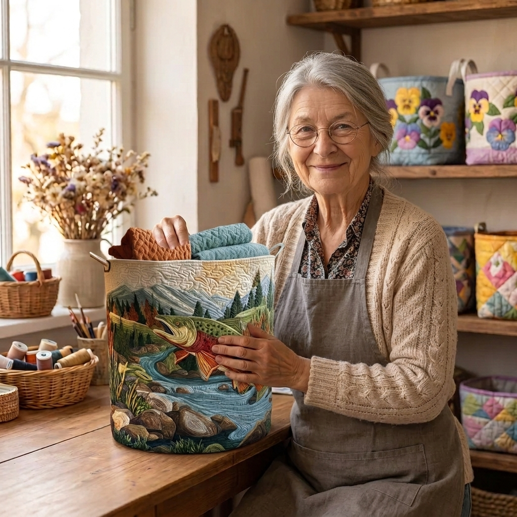 Lien met de gewatteerde wasmand Stille bergbeek in haar naaiatelier