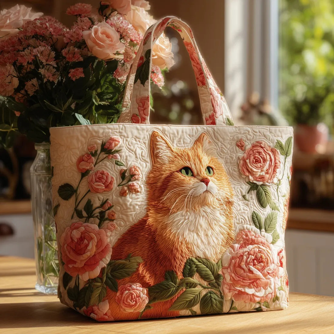Féline aux Roses Sac Fait Main