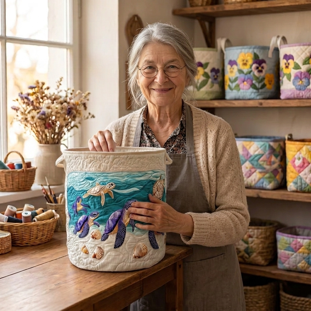 Lien met de gewatteerde wasmand Geest van de zee in haar naaiatelier