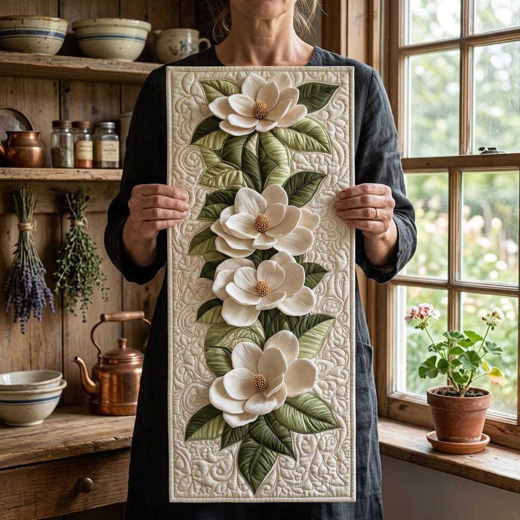 Chemin de table matelassé Grâce en Fleurs présenté dans une cuisine chaleureuse