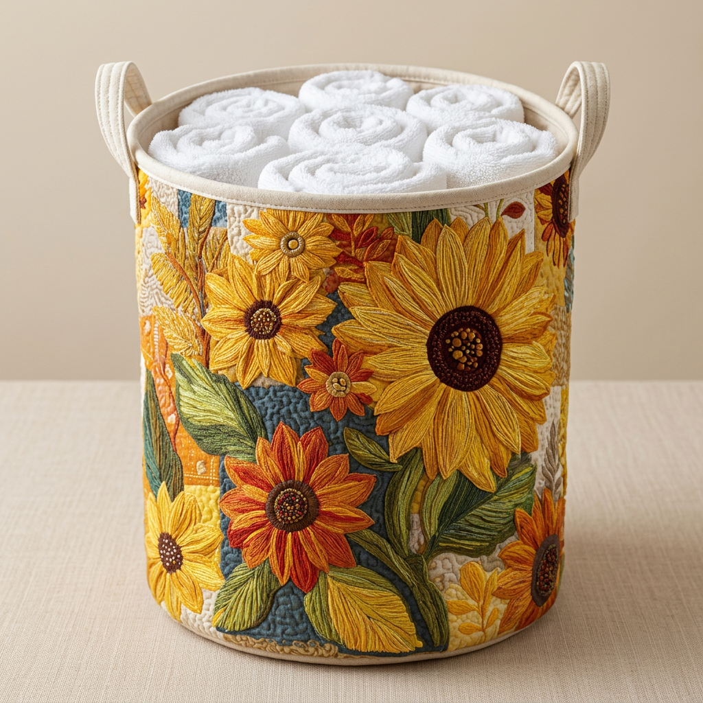 Panier à linge matelassé Rêve de tournesols rempli de serviettes blanches roulées