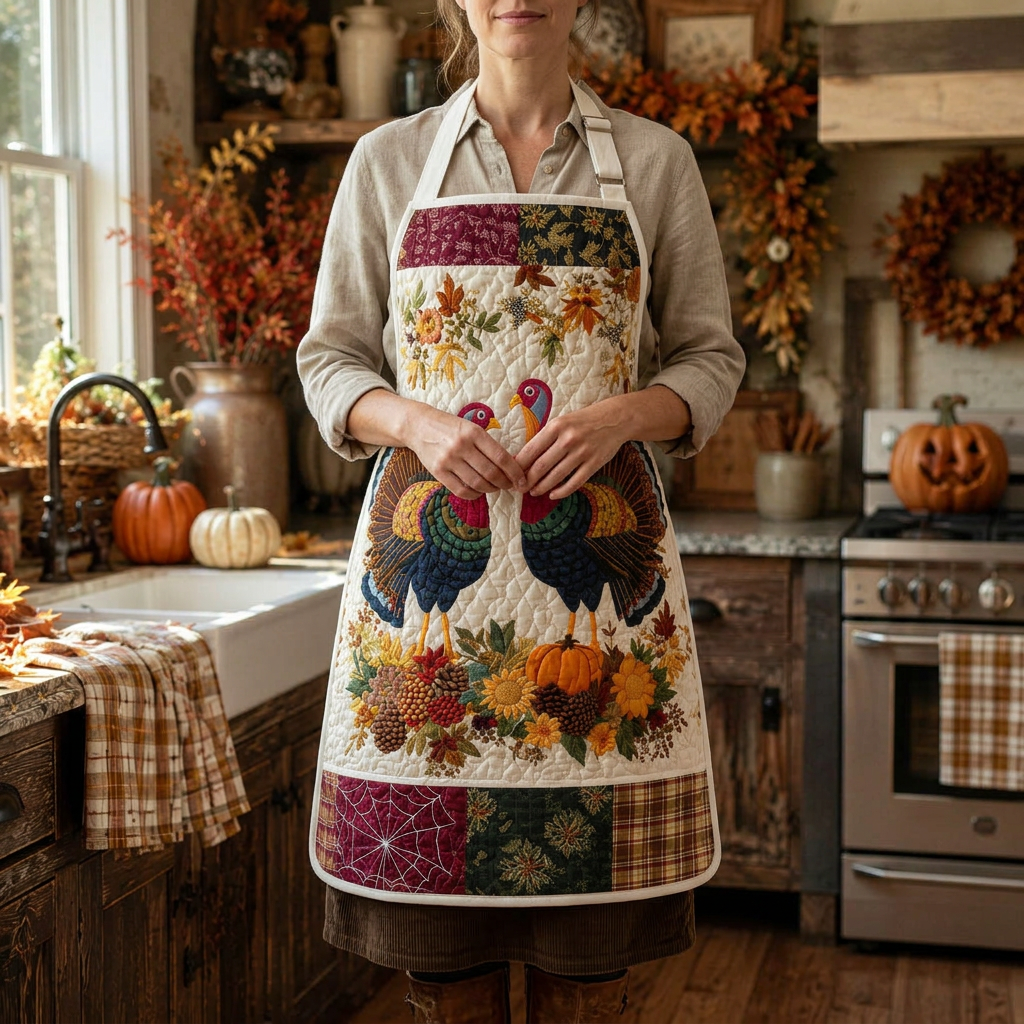 Gewatteerd keukenschort Oogstfeest gedragen in de keuken