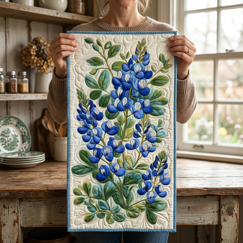 Gewatteerde tafelloper Serenade van Blauwe Lupines in een gezellige keuken