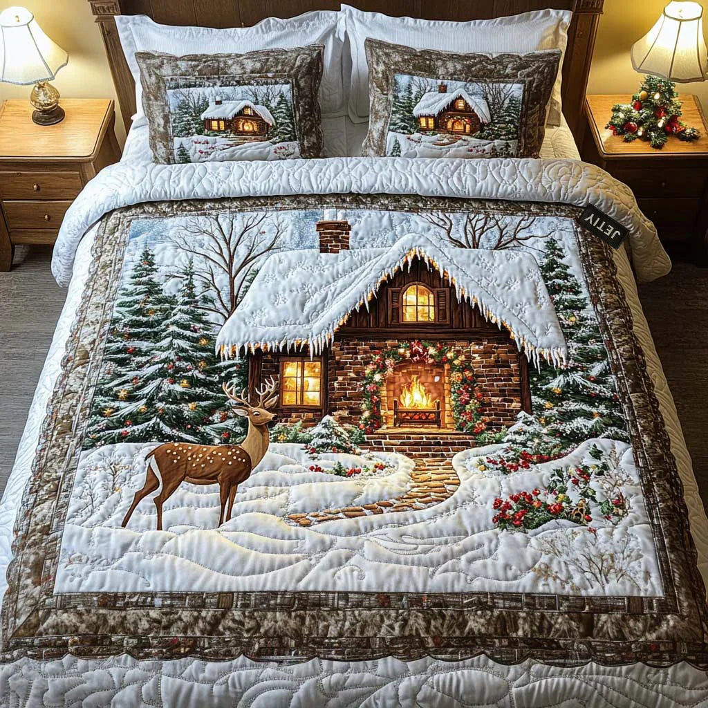 Parure de lit matelassée Chalet douillet – housse de couette et 2 taies d'oreiller