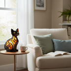 Lampe animale Félin de Minuit Chat allumée dans une pièce chaleureuse le soir